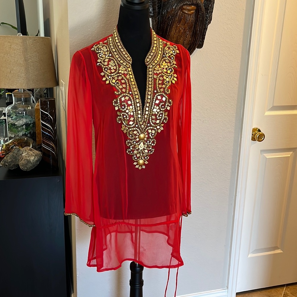 Boston Proper Gold Embellished Red Tunic